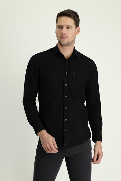 Erkek Giyim - Siyah L Beden Uzun Kol Slim Fit Spor Pamuklu Gömlek