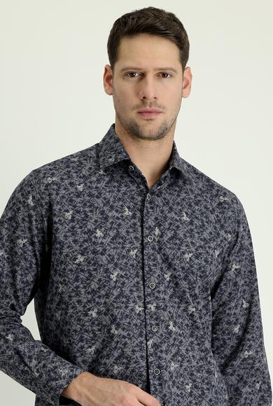 Erkek Giyim - KOYU LACİVERT XL Beden Uzun Kol Regular Fit Baskılı Pamuklu Gömlek