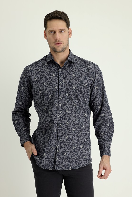 Erkek Giyim - Uzun Kol Regular Fit Baskılı Pamuklu Gömlek
