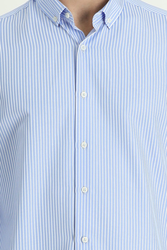 Erkek Giyim - Uzun Kol Regular Fit Çizgili Spor Pamuklu Gömlek