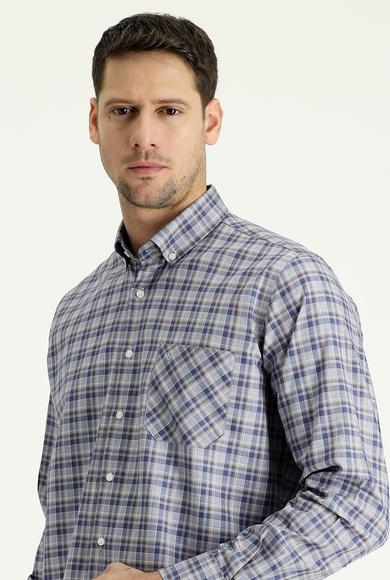 Erkek Giyim - ORTA GRİ 5X Beden Uzun Kol Regular Fit Ekose Pamuk Gömlek