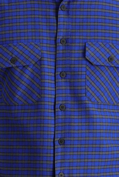 Erkek Giyim - SAKS MAVİ S Beden Uzun Kol Slim Fit Ekose Shacket Oduncu Gömlek