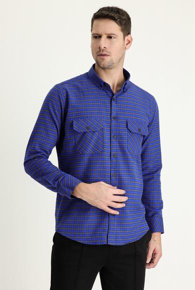 Erkek Giyim - SAKS MAVİ S Beden Uzun Kol Slim Fit Ekose Shacket Oduncu Gömlek