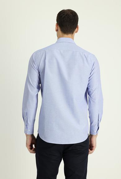 Erkek Giyim - ORTA LACİVERT L Beden Uzun Kol Regular Fit Çizgili Pamuklu Gömlek