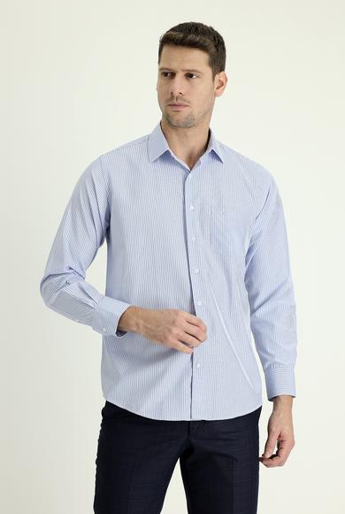 Erkek Giyim - AÇIK MAVİ 3X Beden Uzun Kol Regular Fit Çizgili Pamuklu Gömlek