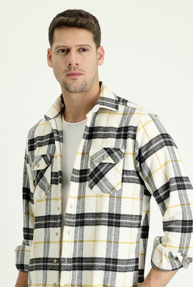 Erkek Giyim - EKRU 4X Beden Uzun Kol Regular Fit Ekose Shacket Oduncu Gömlek