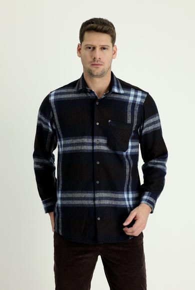 Erkek Giyim - KOYU LACİVERT XL Beden Uzun Kol Regular Fit Ekose Shacket Oduncu Gömlek