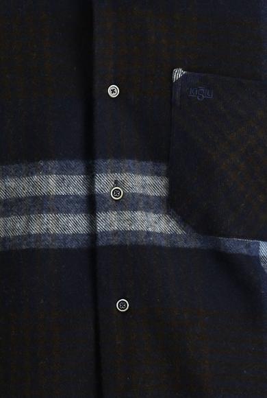 Erkek Giyim - KOYU LACİVERT XL Beden Uzun Kol Regular Fit Ekose Shacket Oduncu Gömlek