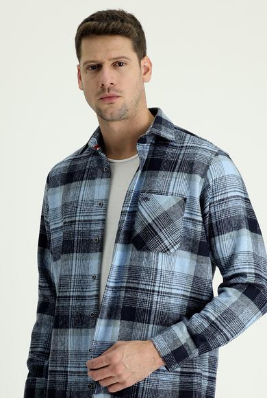 Erkek Giyim - MAVİ XL Beden Uzun Kol Regular Fit Ekose Shacket Oduncu Gömlek