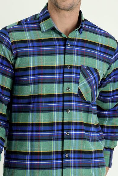 Erkek Giyim - KOYU MAVİ XXL Beden Uzun Kol Regular Fit Ekose Oduncu Pamuklu Gömlek