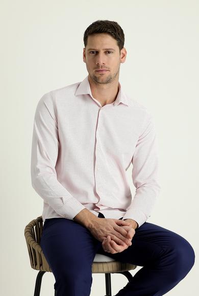 Erkek Giyim - AÇIK KIRMIZI XS Beden Uzun Kol Slim Fit Klasik Desenli Gömlek