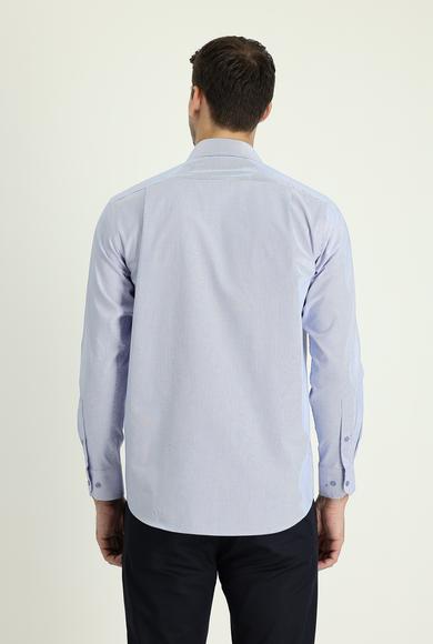 Erkek Giyim - KOYU MAVİ XL Beden Uzun Kol Regular Fit Klasik Çizgili Pamuklu Gömlek