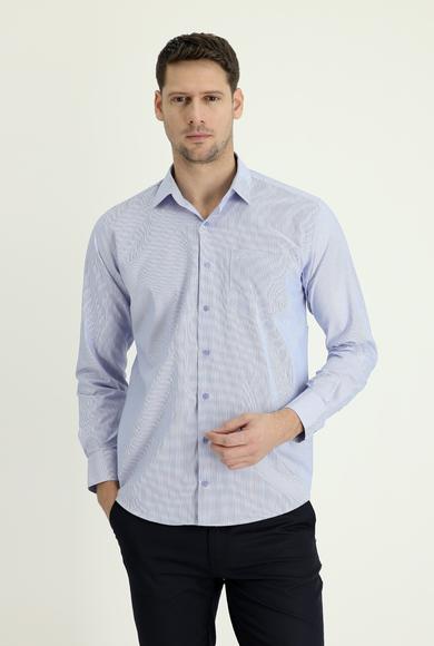 Erkek Giyim - KOYU MAVİ XL Beden Uzun Kol Regular Fit Klasik Çizgili Pamuklu Gömlek