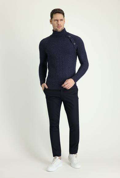 Erkek Giyim - ORTA LACİVERT 60 Beden Regular Fit Likralı Kanvas / Chino Pantolon