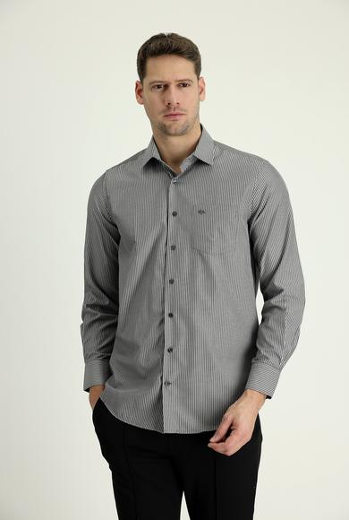 Erkek Giyim - AÇIK SİYAH XL Beden Uzun Kol Regular Fit Çizgili Pamuklu Gömlek