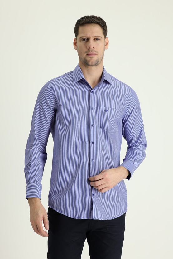 Erkek Giyim - Uzun Kol Regular Fit Çizgili Pamuklu Gömlek