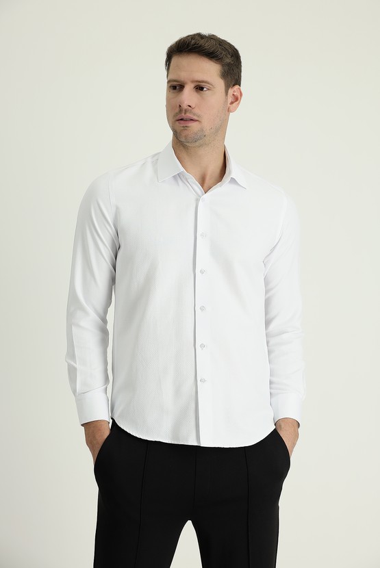 Erkek Giyim - Uzun Kol Slim Fit Dar Kesim Klasik Desenli Pamuklu Gömlek