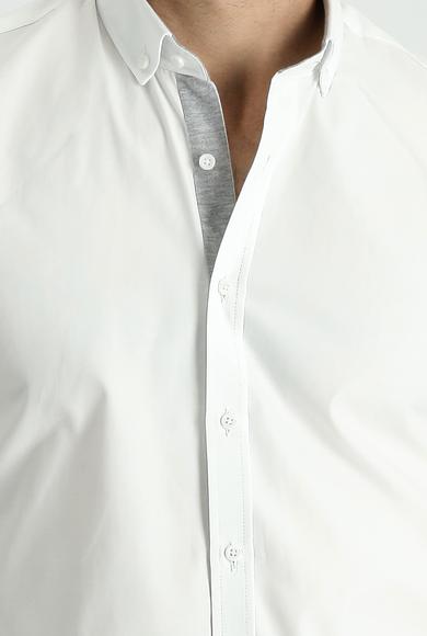 Erkek Giyim - Beyaz XXL Beden Uzun Kol Slim Fit Spor Pamuk Gömlek