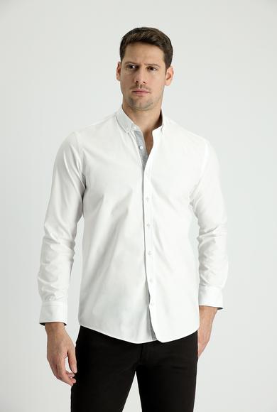Erkek Giyim - Beyaz XXL Beden Uzun Kol Slim Fit Spor Pamuk Gömlek