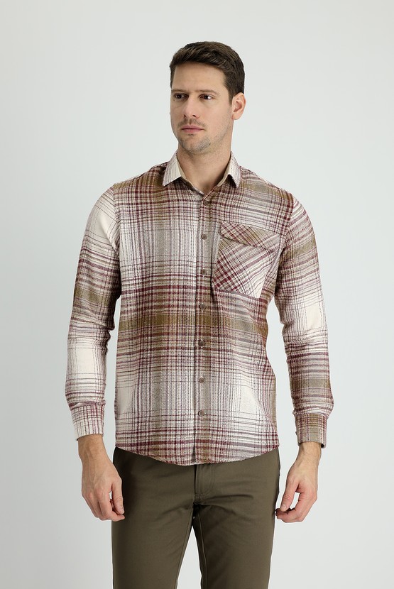 Erkek Giyim - Uzun Kol Ekose Shacket Oduncu Pamuklu Gömlek