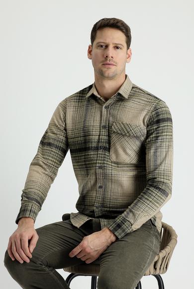 Erkek Giyim - ORTA HAKİ XXL Beden Uzun Kol Ekose Shacket Oduncu Pamuklu Gömlek