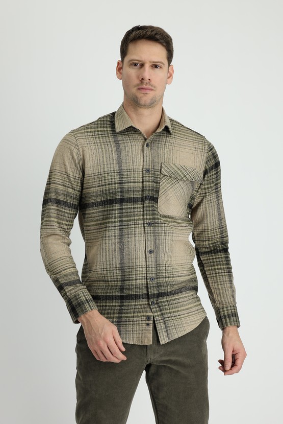 Erkek Giyim - Uzun Kol Ekose Shacket Oduncu Pamuklu Gömlek