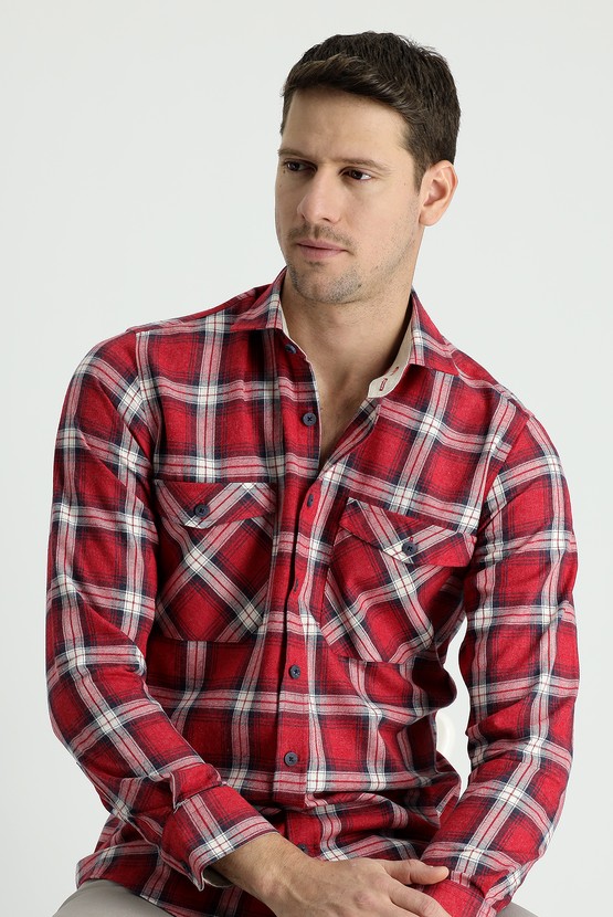 Erkek Giyim - Uzun Kol Slim Fit Oduncu Ekose Pamuk Gömlek