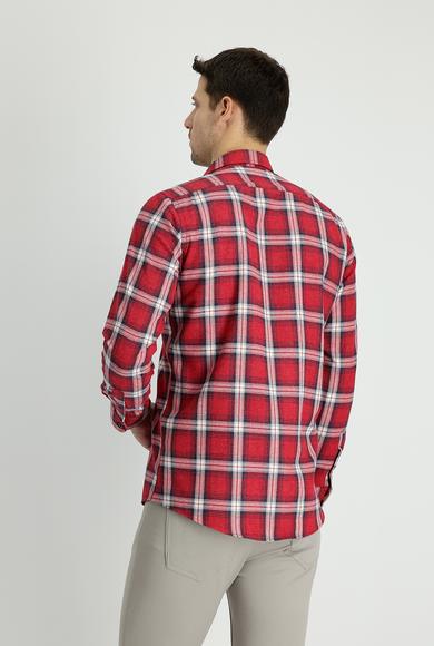 Erkek Giyim - BAYRAK KIRMIZI XL Beden Uzun Kol Slim Fit Oduncu Ekose Pamuk Gömlek