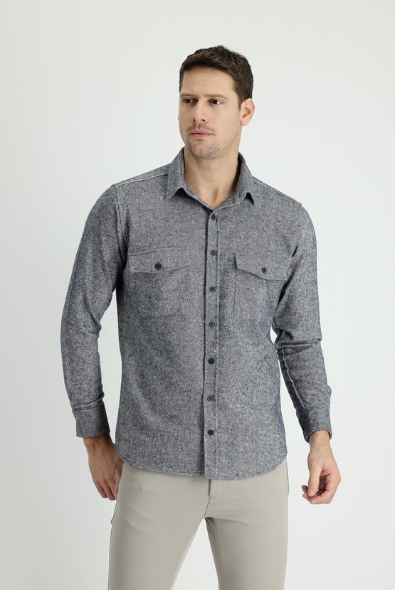 Erkek Giyim - Uzun Kol Slim Fit Dar Kesim Desenli Shacket Oduncu Pamuklu Gömlek