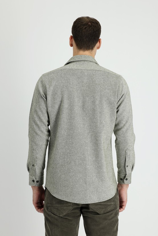 Erkek Giyim - Uzun Kol Slim Fit Desenli Shacket Oduncu Pamuklu Gömlek