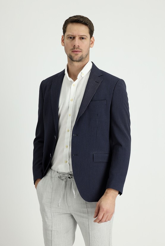 Erkek Giyim - Slim Fit Dar Kesim Klasik Çizgili Ceket