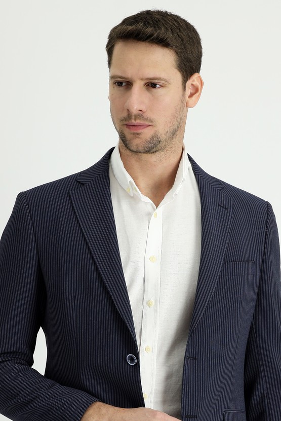 Erkek Giyim - Slim Fit Dar Kesim Klasik Çizgili Ceket