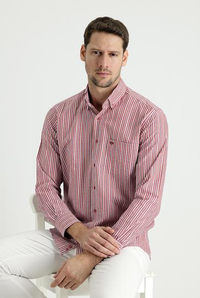 Erkek Giyim - BAYRAK KIRMIZI 3X Beden Uzun Kol Regular Fit Çizgili Pamuk Spor Gömlek