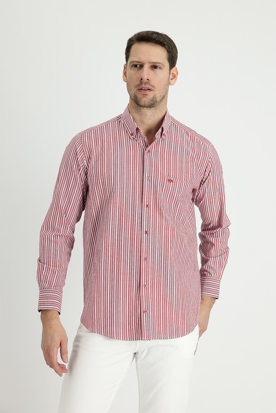 Erkek Giyim - Uzun Kol Regular Fit Çizgili Pamuk Spor Gömlek