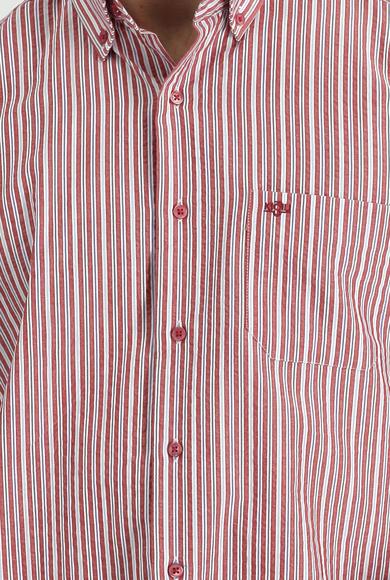 Erkek Giyim - BAYRAK KIRMIZI 3X Beden Uzun Kol Regular Fit Çizgili Pamuk Spor Gömlek
