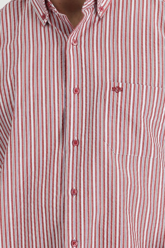 Erkek Giyim - Uzun Kol Regular Fit Çizgili Pamuk Spor Gömlek