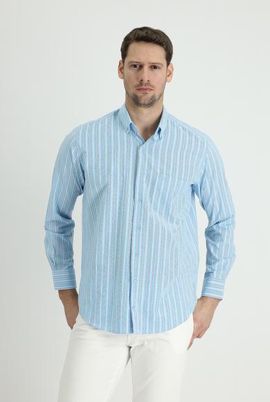 Erkek Giyim - AÇIK TURKUAZ L Beden Uzun Kol Regular Fit Çizgili Pamuk Spor Gömlek