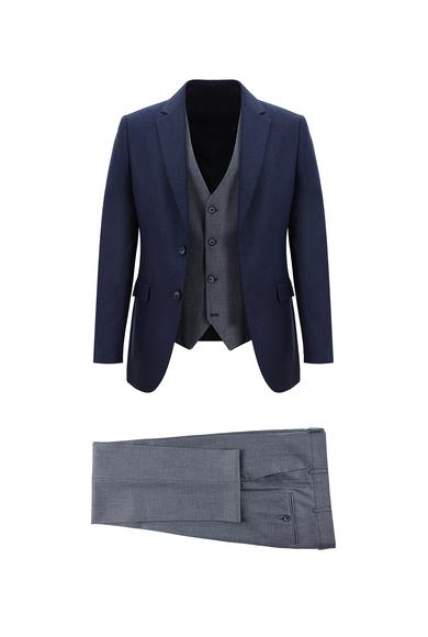 Erkek Giyim - AÇIK LACİVERT 50 Beden Slim Fit Kombinli Yelekli Takım Elbise