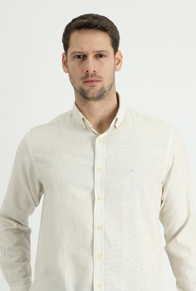 Erkek Giyim - KREM XL Beden Uzun Kol Regular Fit Pamuklu Keten Gömlek