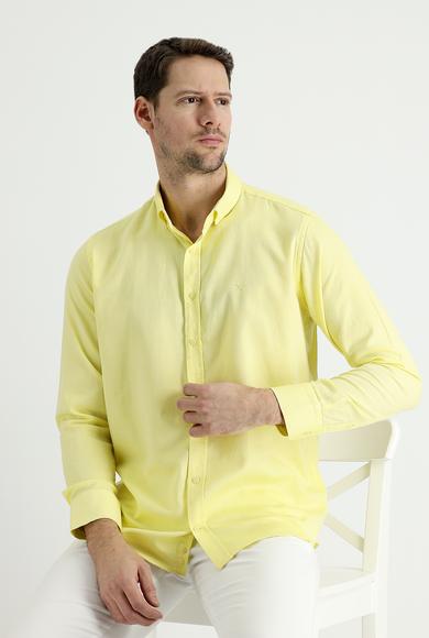 Erkek Giyim - LİMON SARI L Beden Uzun Kol Regular Fit Pamuklu Keten Gömlek