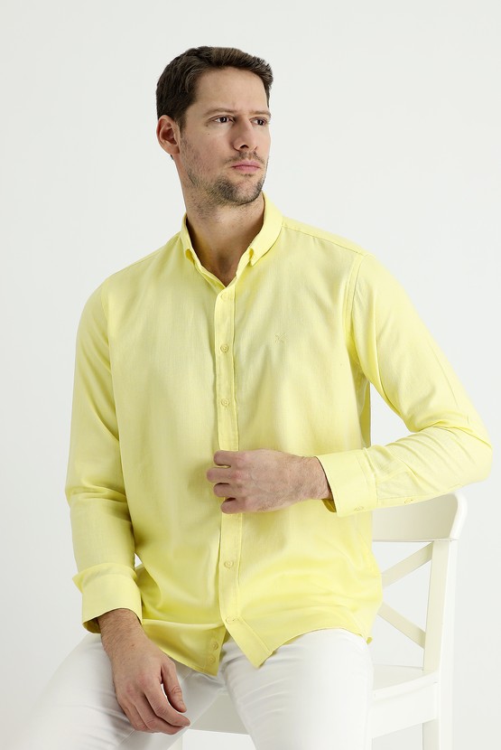 Erkek Giyim - Uzun Kol Regular Fit Pamuklu Keten Gömlek