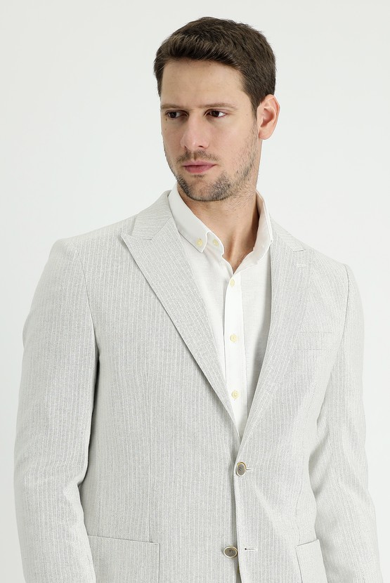 Erkek Giyim - Regular Fit Çizgili Keten Ceket
