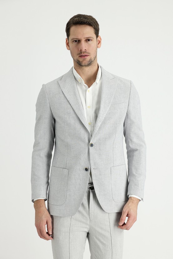Erkek Giyim - Regular Fit Çizgili Keten Ceket
