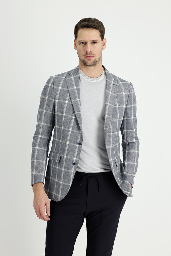 Erkek Giyim - Regular Fit Ekose Keten Ceket