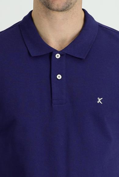 Erkek Giyim - ORTA LACİVERT 3X Beden Polo Yaka Slim Fit Dar Kesim Nakışlı Pamuk Tişört