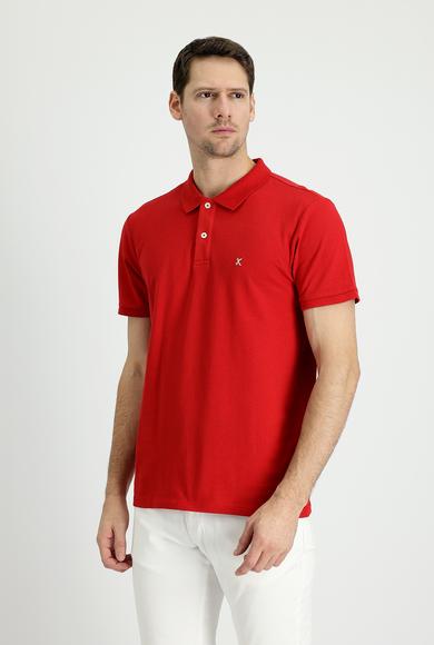Erkek Giyim - KOYU KIRMIZI XL Beden Polo Yaka Slim Fit Nakışlı Pamuk Tişört