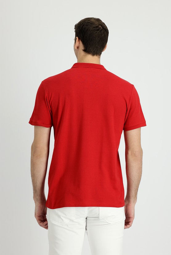 Erkek Giyim - Polo Yaka Slim Fit Nakışlı Pamuk Tişört