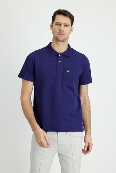 Erkek Giyim - ORTA LACİVERT 3X Beden Polo Yaka Regular Fit Nakışlı Pamuk Tişört