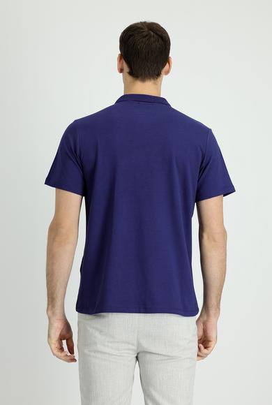Erkek Giyim - ORTA LACİVERT 3X Beden Polo Yaka Regular Fit Nakışlı Pamuk Tişört