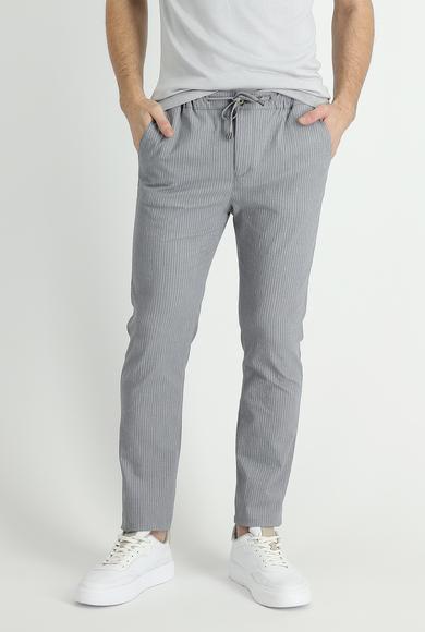 Erkek Giyim - ORTA GRİ 54 Beden Slim Fit Beli Lastikli İpli Çizgili Likralı Klasik Pantolon